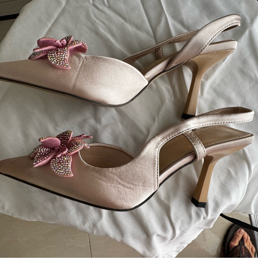 Elegant Satin Slingback Heels with Pink Embellishment